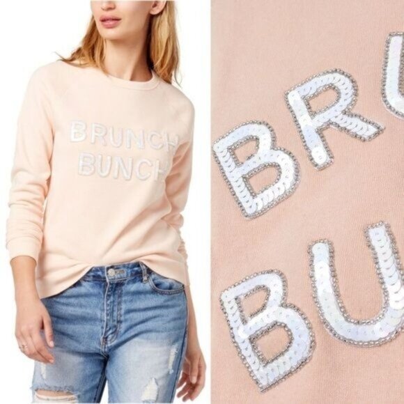 NWT Bow & Drape Brunch Sequin Crew Neck Pullover Sweatshirt M Pink Fleece - Picture 1 of 8